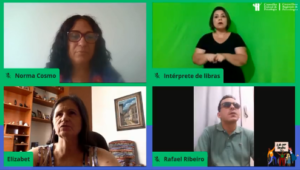 Print da tela do Ato Virtual do CFP. A tela está dividida em 4 partes. Na parte superior estão Norma Cosmo e a intérprete de libras. Abaixo, Elizabet e Rafael Ribeiro